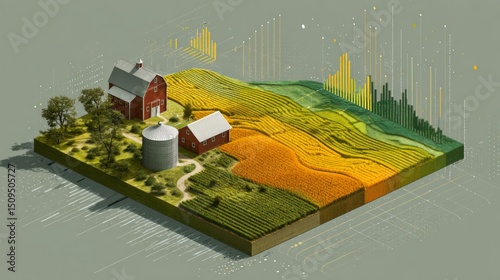 Farm landscape analysis rural area 3d illustration agricultural environment aerial view sustainable practices