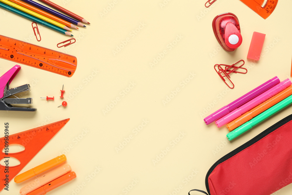 Fototapeta premium Frame made of different school stationery on beige background