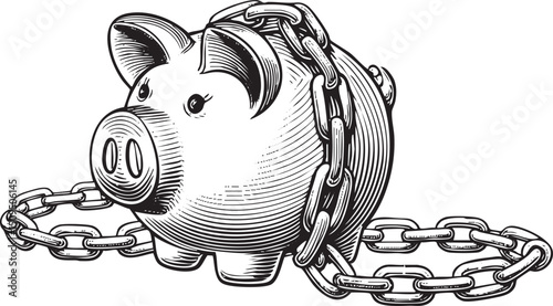 piggy bank is restrained by a heavy chain.