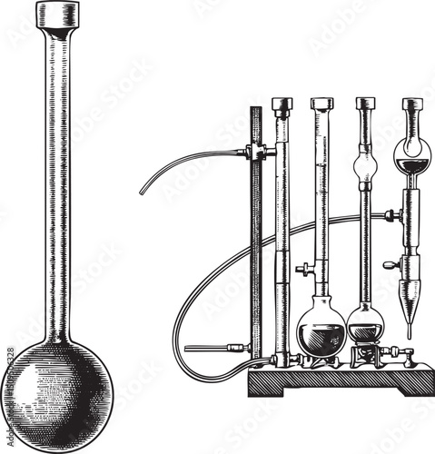 vintage depicts a laboratory apparatus with glassware and tubing.