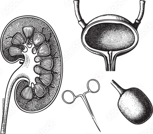 Detailed anatomical of a human kidney and urinary system components.