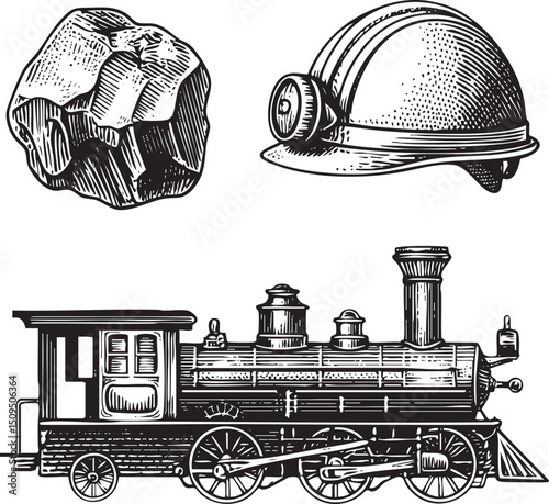 detailed black and white depicts a large rock a miner’s helmet with a lamp and a vintage train.