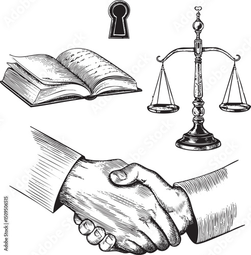 handshake occurs before an open book and a scale of justice.