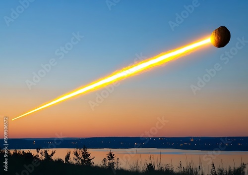 Fiery meteor streaks across the dawn sky photo