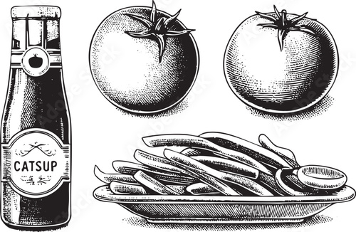 Two ripe tomatoes and a bottle of ketchup sit on a plate with fries.
