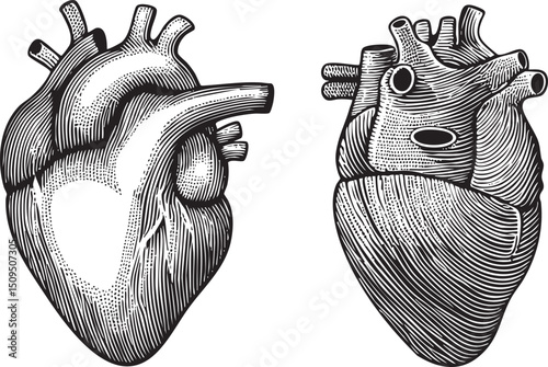 Two anatomical hearts are intricately detailed in a monochrome engraving.