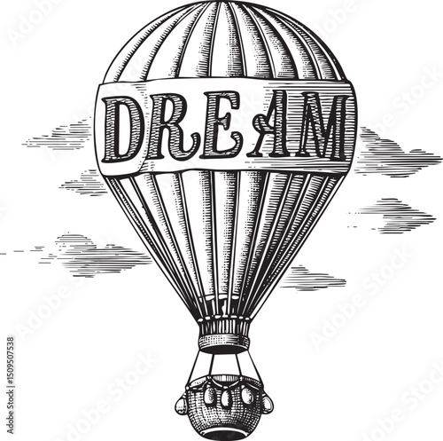 black and white hot air balloon floats amidst fluffy clouds displaying the word ‘DREAM’ on its canopy.