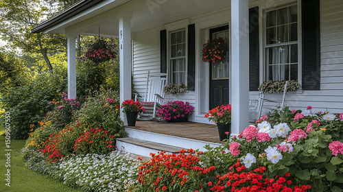 charming home with vibrant flowers adorning front porch, creating welcoming atmosphere