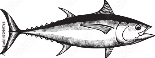 solitary tuna swims gracefully through a dark watery expanse.