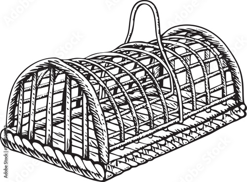 woven wicker basket with a curved handle rests horizontally on a flat surface.