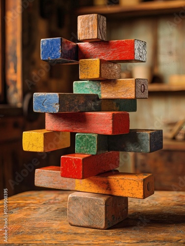 vertical puzzle tower with mixed textures, neurodiverse collaboration as symbolic structure