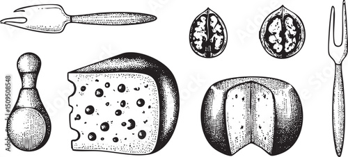 collection of cheese and serving implements is displayed in black ink.