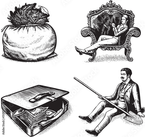 gentleman relaxes amidst a wealth of currency and a burlap sack.