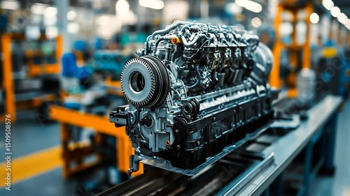 Industrial engine on production line in factory