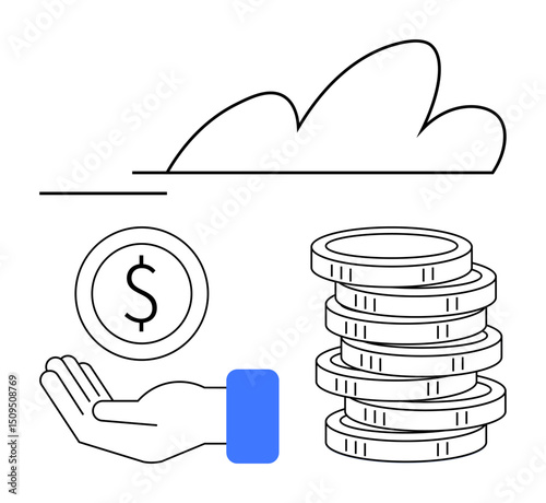 Hand holding money icon with stacked coins and cloud line design. Ideal for finance, banking, savings, investment, business concepts, income management, digital marketing, simple landing page