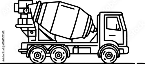 A line drawing of a cement mixer truck in profile