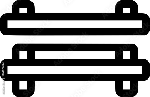 A linear blackandwhite illustration of two parallel flat structures with supporting legs