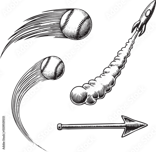Two baseballs accelerate towards a  propelled by an arrow.