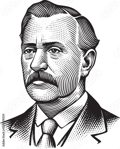 distinguished man with a mustache gazes intently towards the viewer.