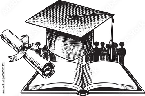 graduation cap rests atop an open book accompanied by a rolled diploma.