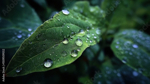 Close-Up of Dew Drops on a Lush Green Leaf
