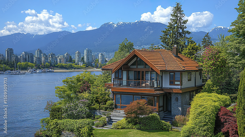 Obraz premium Luxurious house by water with stunning mountain views in Vancouver, surrounded by greenery