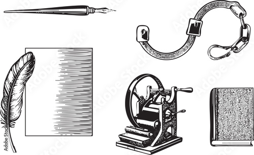vintage writing collection features a quill inkwell ribbon typewriter and open book.