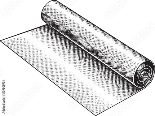 rolled textile material rests on a flat surface.
