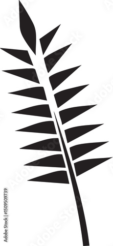 single stylized palm frond extends upwards against a stark white background.