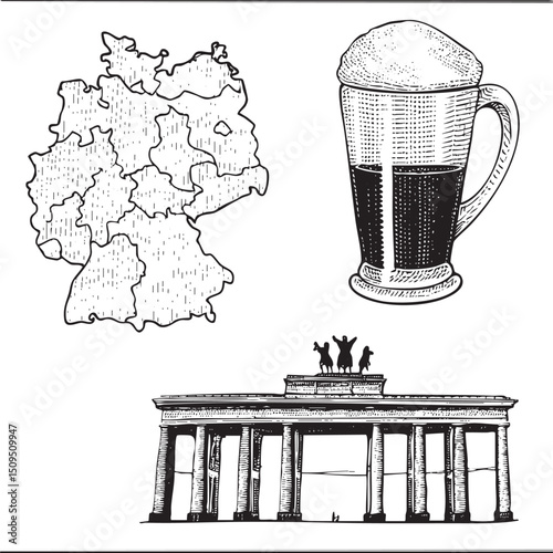 black mug of dark liquid sits beside a map of Germany and the Brandenburg Gate.