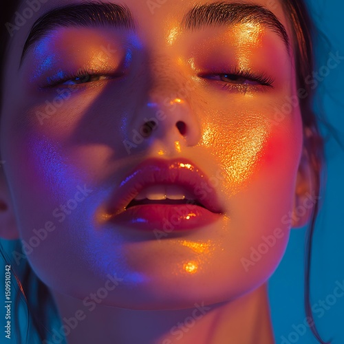 beauty portrait with colored gel lights, fashion editorial style