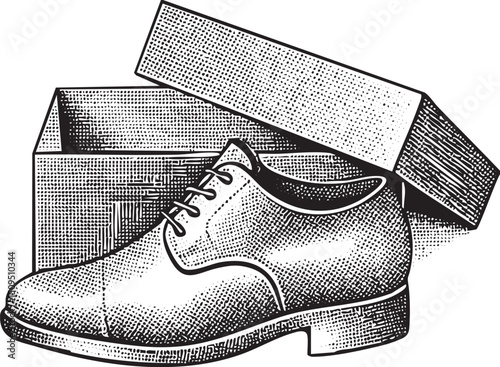 black leather shoe rests inside an open rectangular box.