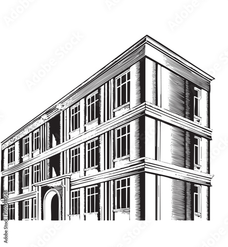 detailed black and white of a multi-story building.