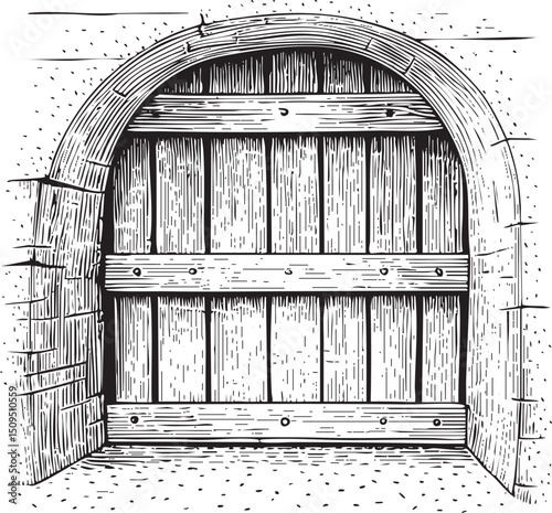 weathered wooden archway leads into a dimly lit passage.