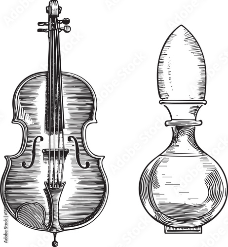 classical violin and a decorative bottle stand side by side.