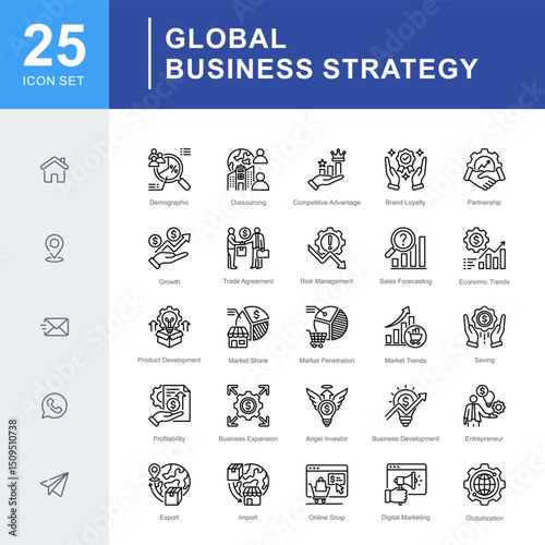 A business icon set focused on global strategy, market trends, investment, trade, and digital marketing for modern growth and competitive advantage.