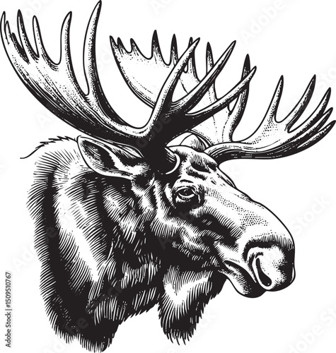 majestic moose head portrait with intricate antlers.