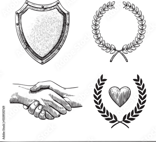 Four vintage-style elements depict protection unity and a heart.