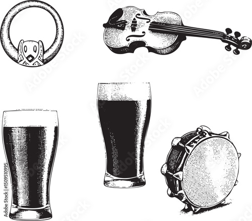 vintage depicts a musical ensemble with a bear emblem an instrument and beverages.