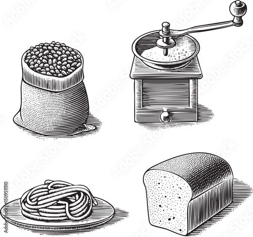 burlap sack of coffee beans sits beside a vintage hand-crank grinder and a plate with pasta and bread.