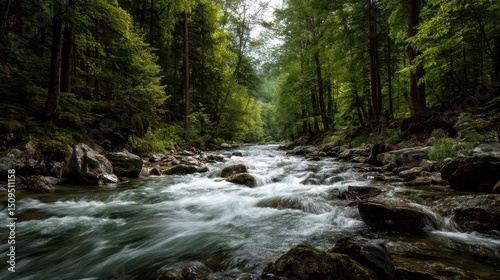 Serene River Rapidly Flowing Through Lush Forest