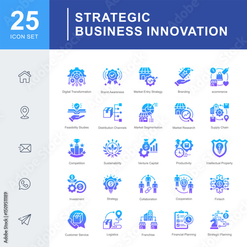 Strategic Business Innovation icon set covering digital transformation, branding, market entry, investment, and strategic planning for innovative and scalable business growth.