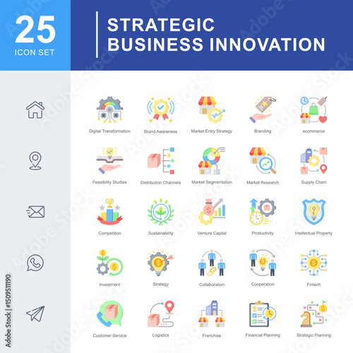 Strategic Business Innovation icon set covering digital transformation, branding, market entry, investment, and strategic planning for innovative and scalable business growth.