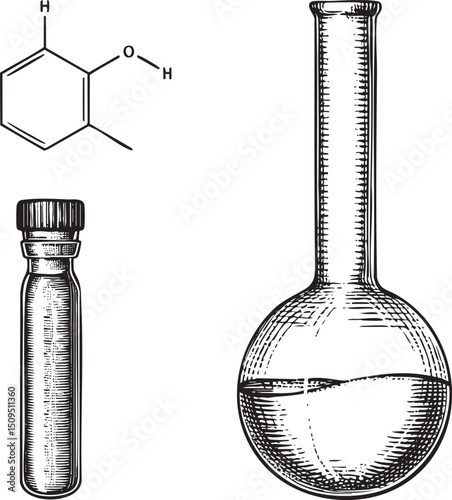 schematic of phenol and a glass flask containing liquid.