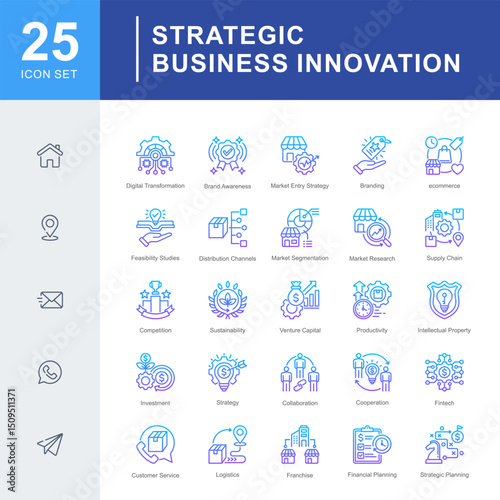 Strategic Business Innovation icon set covering digital transformation, branding, market entry, investment, and strategic planning for innovative and scalable business growth.