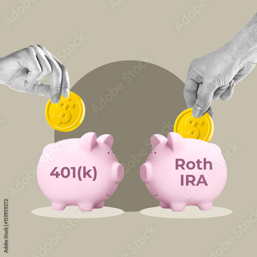 Fotografie Piggy bank, 401k, Roth, IRA, save money, retirement, Pension, Bank document, 401