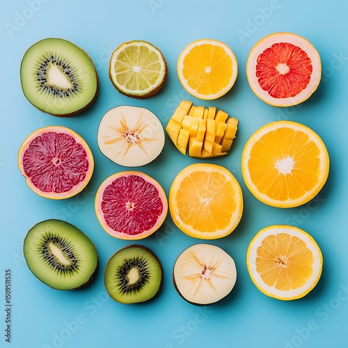 flat lay of sliced tropical fruits on pastel background, vivid colors