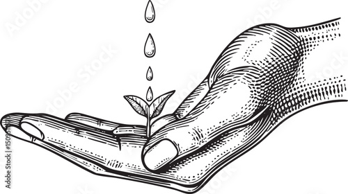 hand gently waters a small seedling sprouting from the palm.