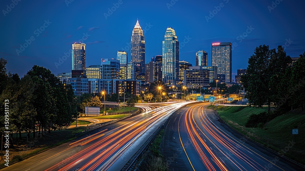 Fototapeta premium City skyline at twilight with a highway in the foreground.
