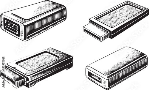 Four black and white matchboxes are displayed in a stacked arrangement.